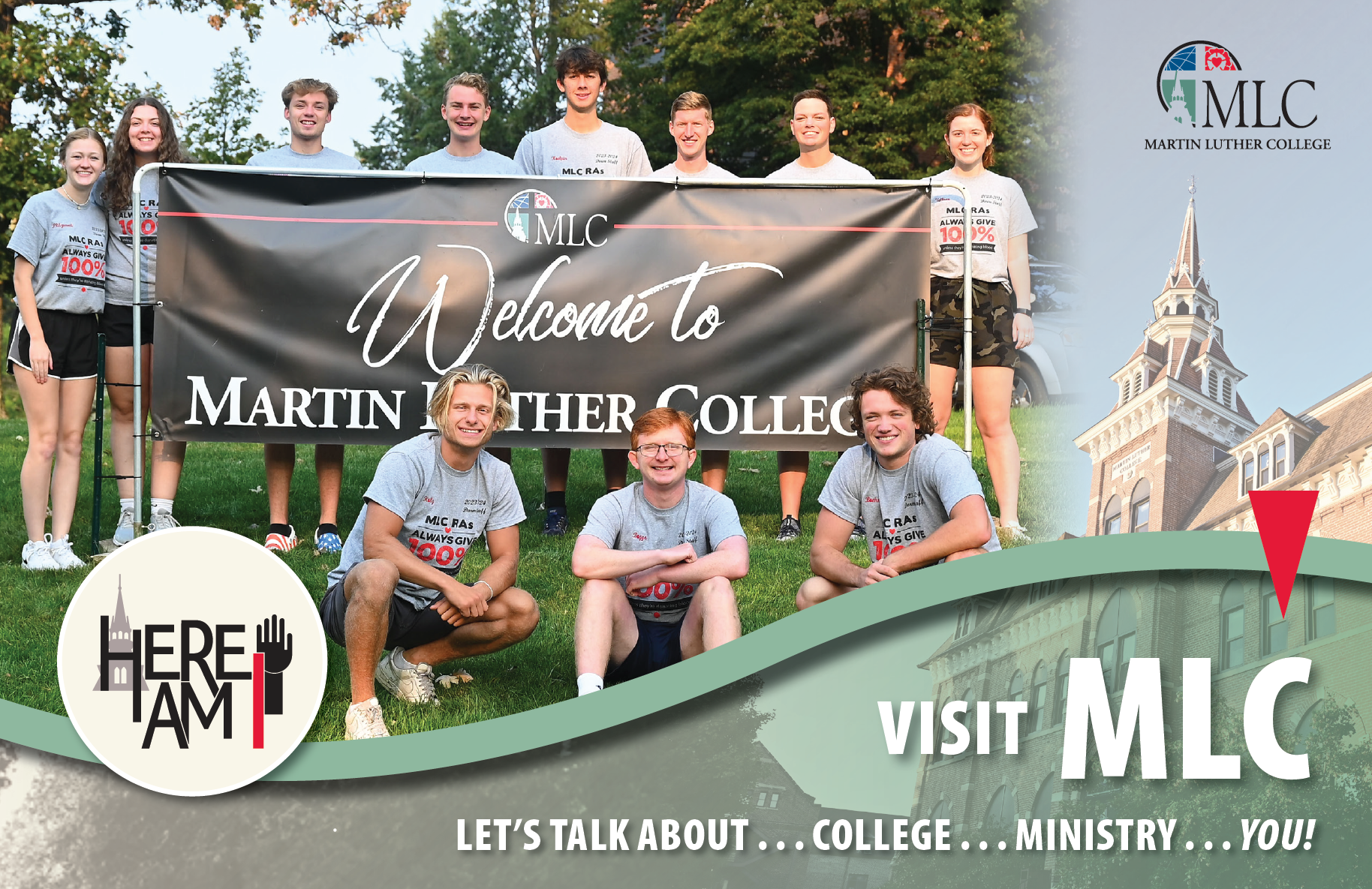 Students with a welcome MLC banner.