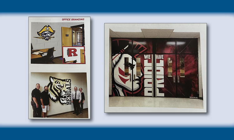 Athletic school branding on doors.