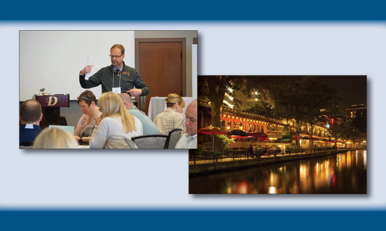 Professor Koelpin in a classroom and a evening riverwalk.