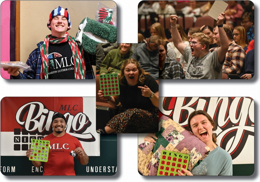 Collage of students winning at bingo