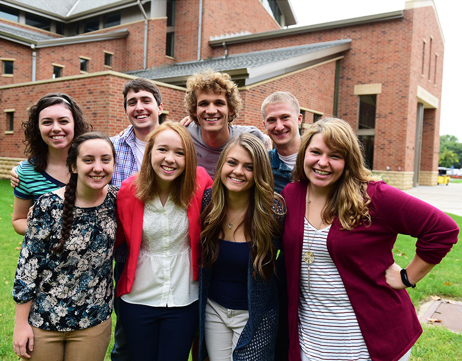 Back (L-R): Grace Schultz, Treasurer; Adam Marley, Vice President; Conifer Berg, Nursing Home Coordinator; Jonathan Lehmann, President Front (L-R): Emma Schneck, Secretary; Alyssa Tessmer, Head of Mission Advancement; Brittany Krause, Nursing Home Coordinator; Mikala Schmitz, Historian